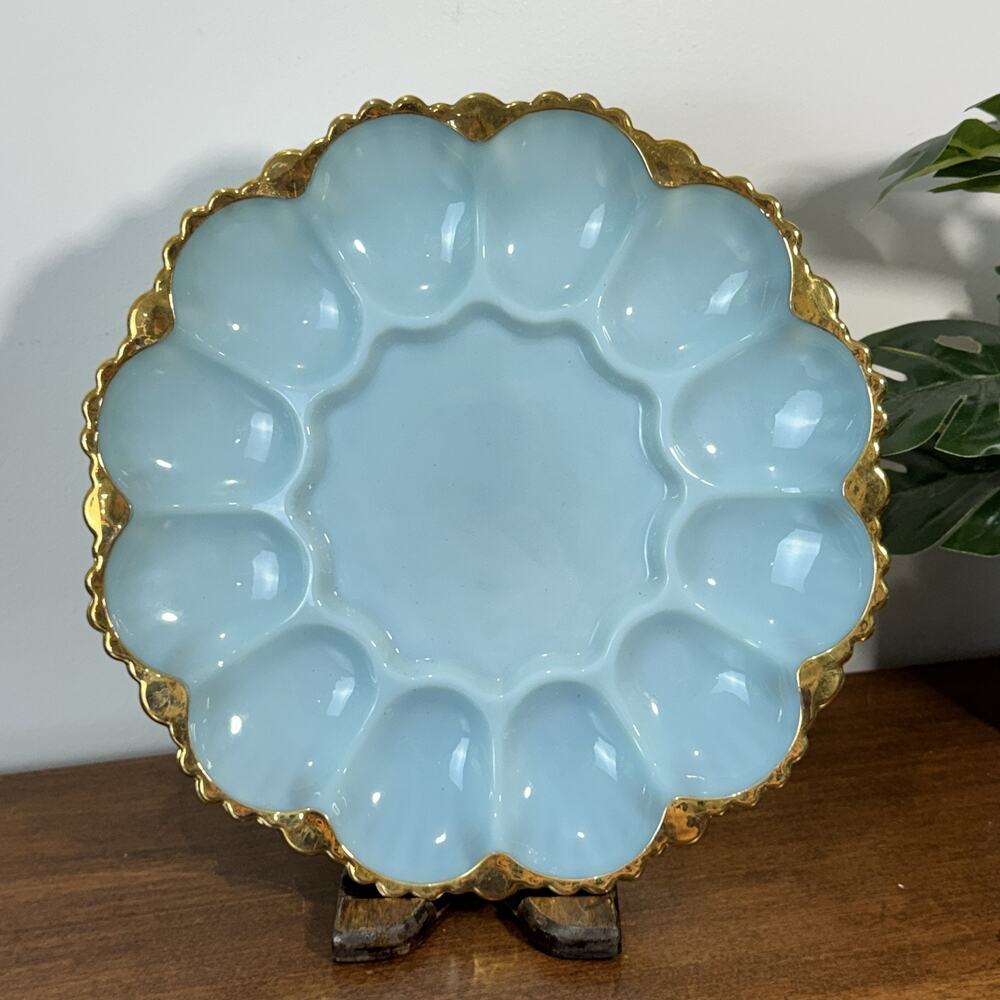Vintage Light Blue Milk Glass Deviled Egg Plate Dish Gold Trim Scalloped Edge